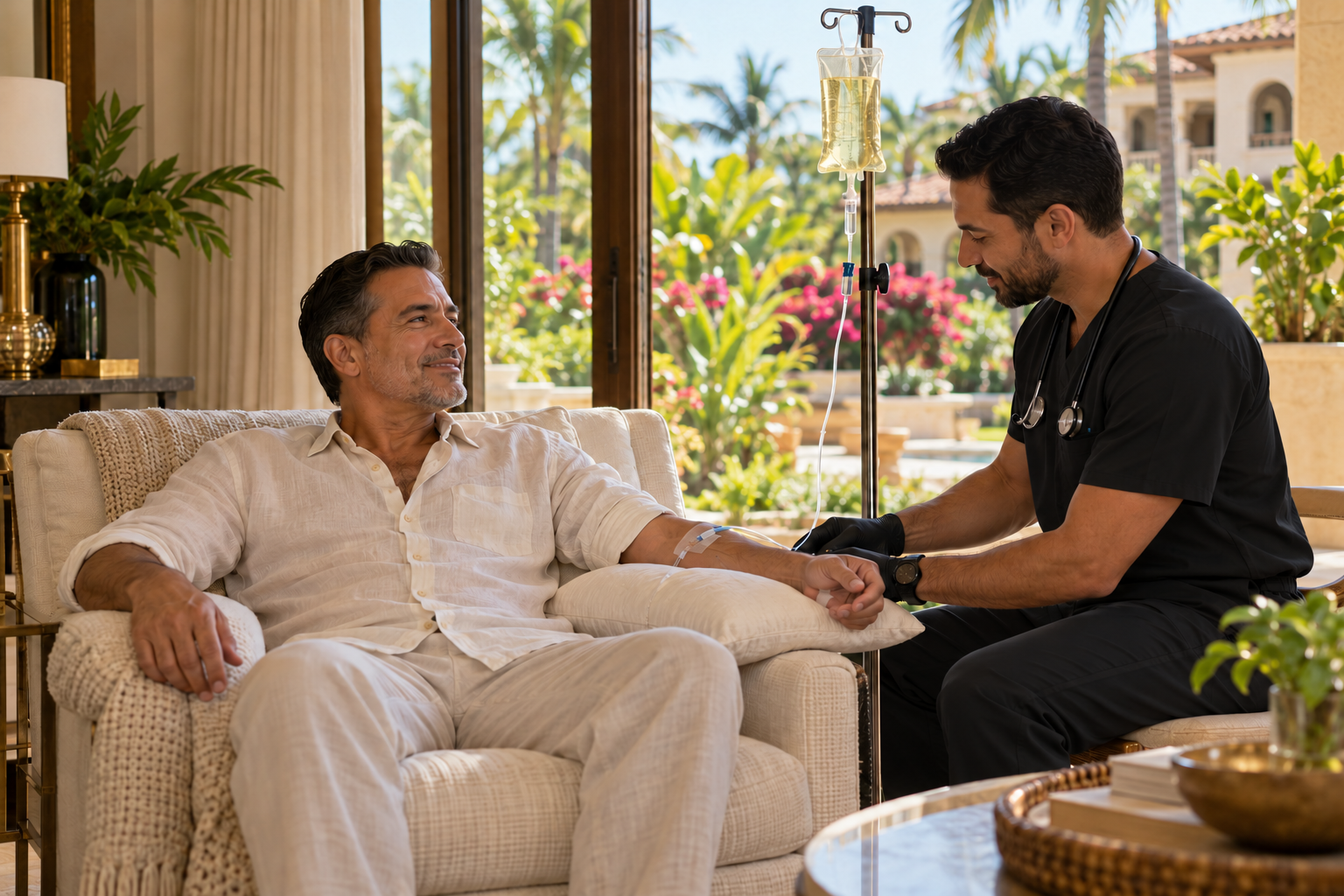 Illustrative scene of a man receiving an IV infusion with a nurse in a resort suite overlooking tropical gardens.